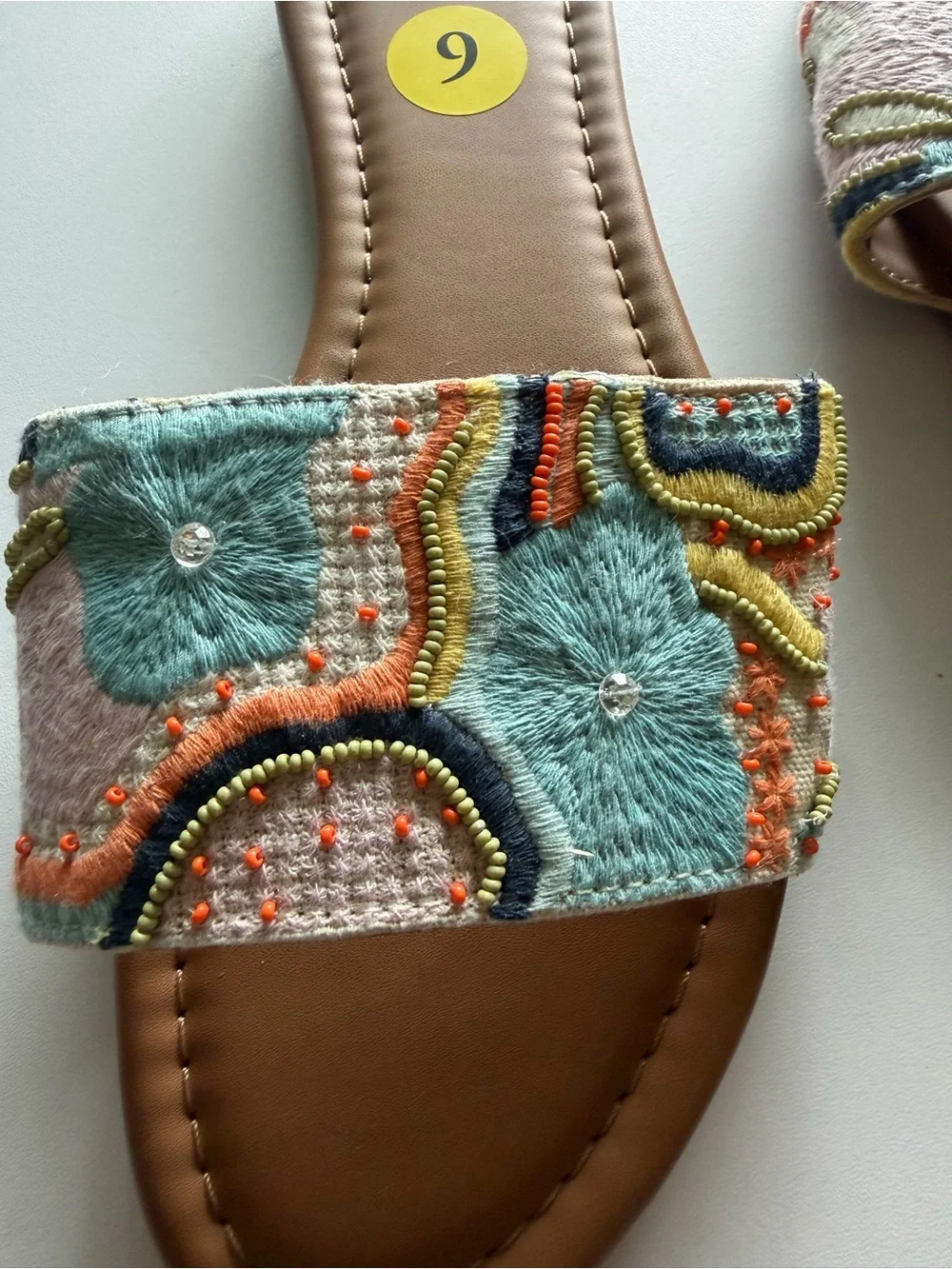 Haute Hippie Multicolor Embroidered Slide Sandals - Teal/Coral/Tan